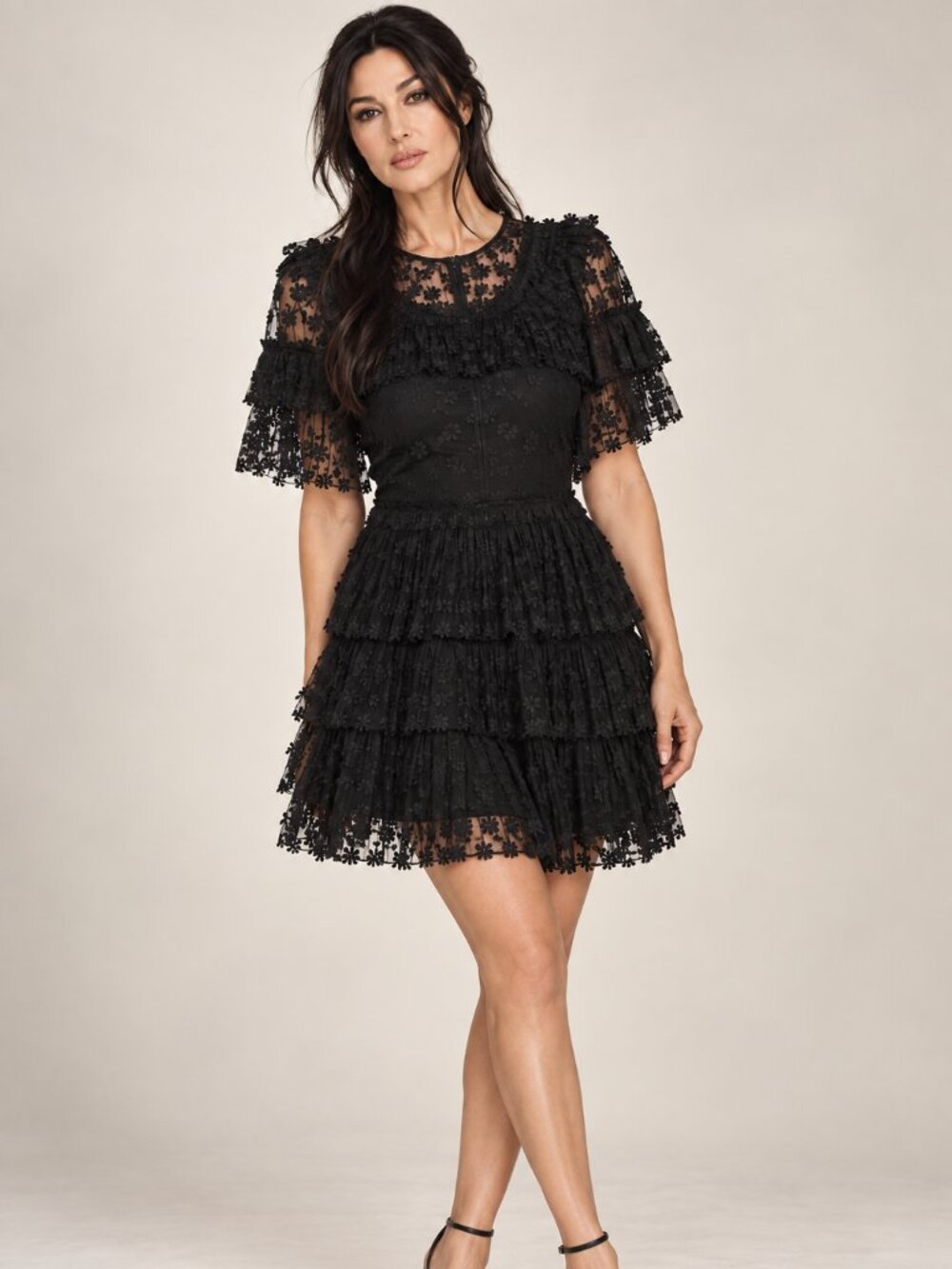 Sandro Paris Black Floral Lace Ruffle Mini Dress